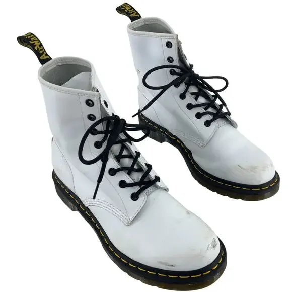 Dr. Martens White Leather 8-Eye Lace-Up Combat Boots with Black Laces - Picture 1 of 7
